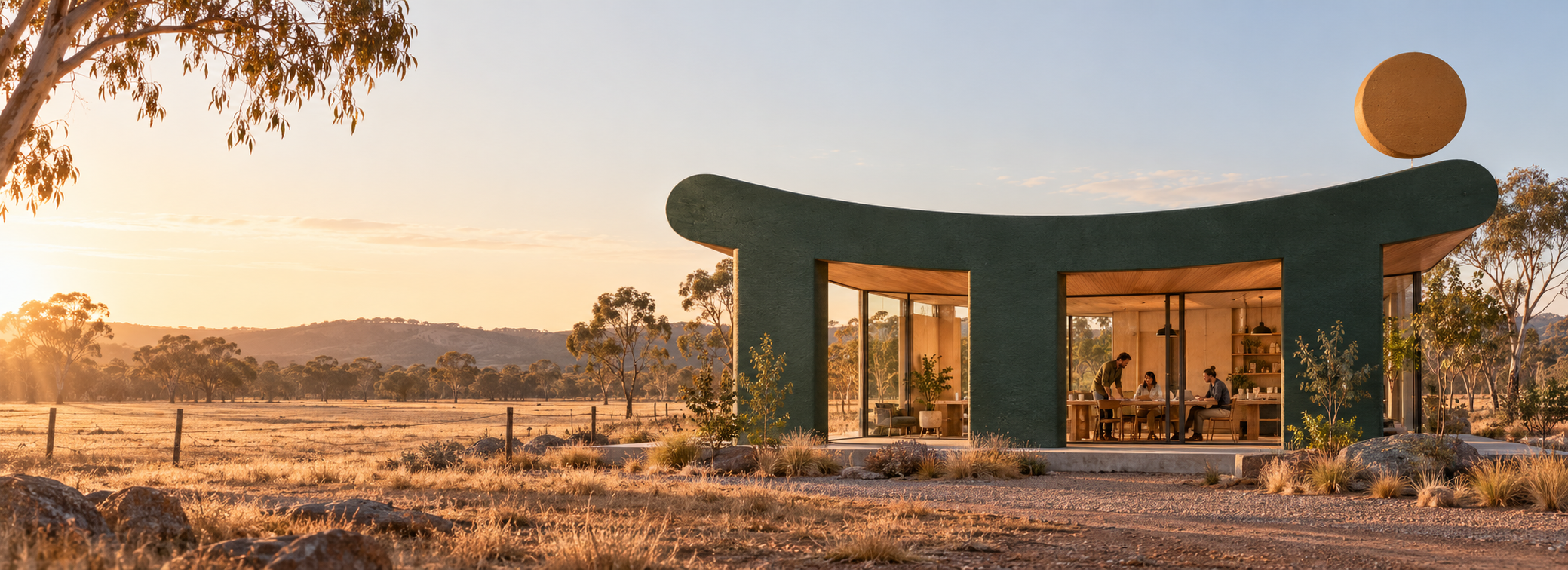 Concept imagery: a forest-green architectural span over an Australian paddock at dusk